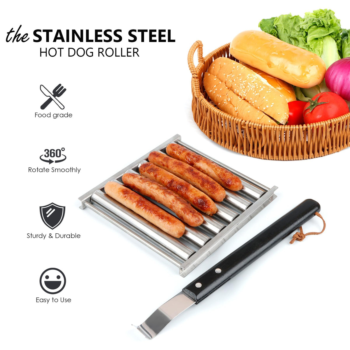 GLENDAVENY hot dog roller loaded with five sausages for even heat.