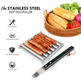 GLENDAVENY hot dog roller loaded with five sausages for even heat.