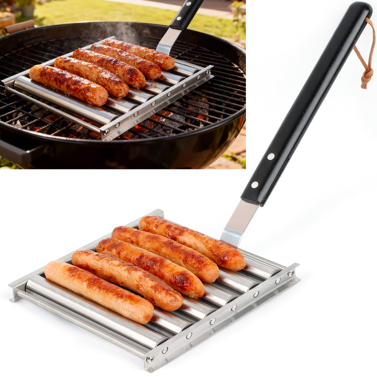 GLENDAVENY hot dog roller on grill delivering even cooking and consistent browning.