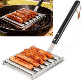 GLENDAVENY hot dog roller on grill delivering even cooking and consistent browning.