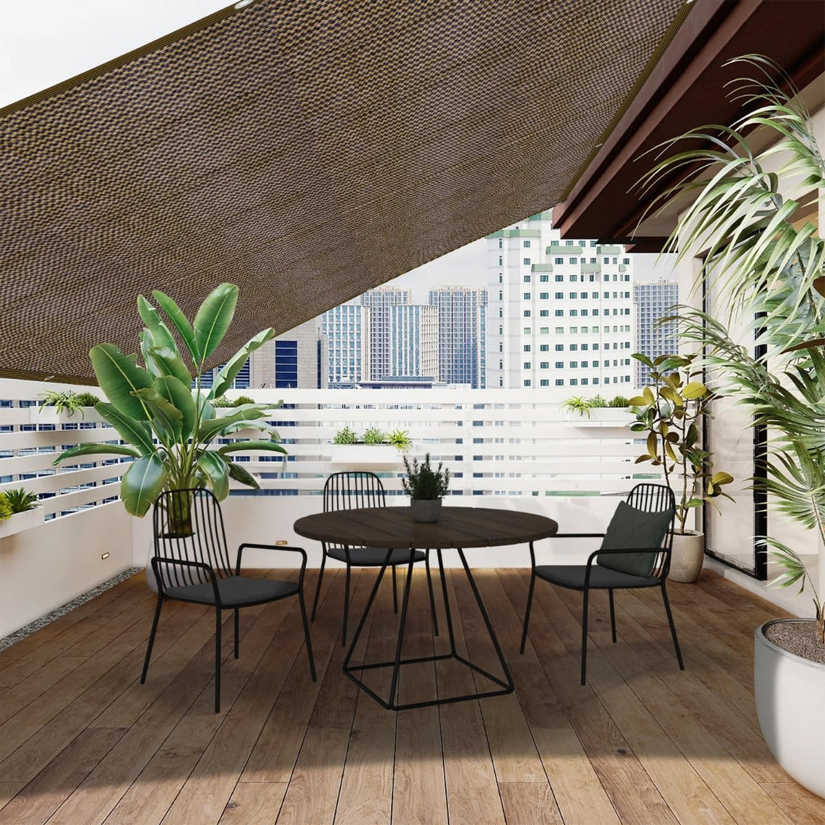 Glieskir shade cloth in greenhouse and patio setup for versatile shading