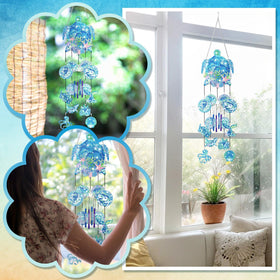 Blue diamond art wind chime close-up showing light-catching resin sequins.