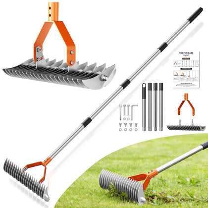 GlimHirVox Thatch Rake with 68-inch handle for easier lawn dethatching.