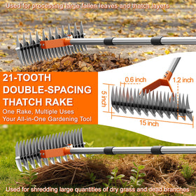 GlimHirVox dethatching rake removes leaves during fall cleanup.