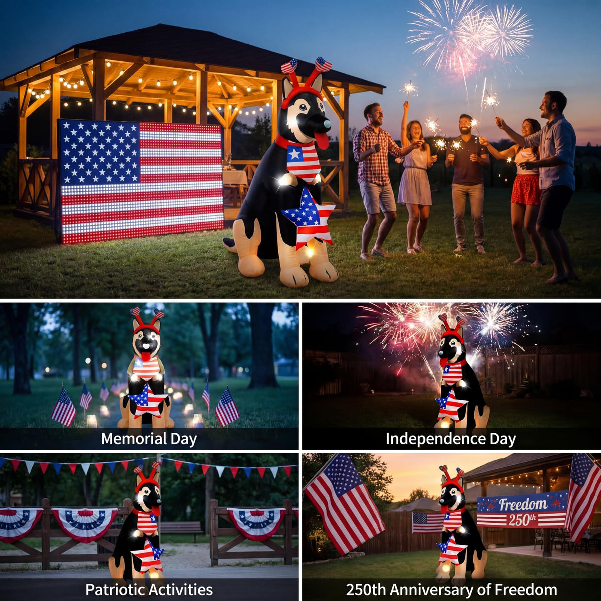 Glimin easy-setup patriotic inflatable dog with stakes for quick outdoor setup.