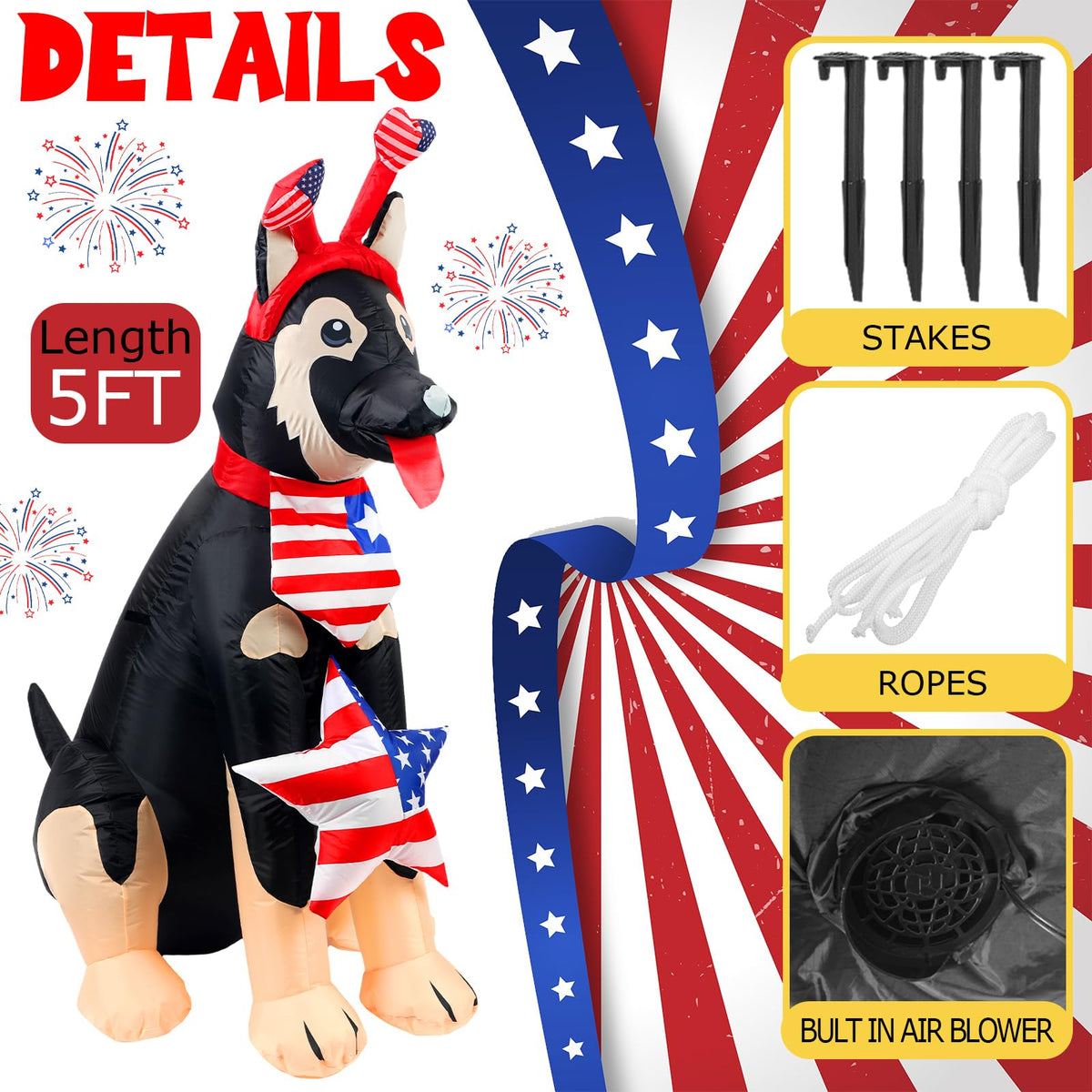 Glimin LED patriotic dog inflatable, night view, built-in LEDs illuminate your outdoor space.