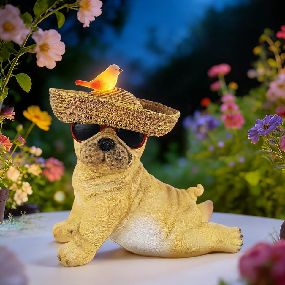 Glintoper solar dog statue with hat and sunglasses brightens outdoor spaces.