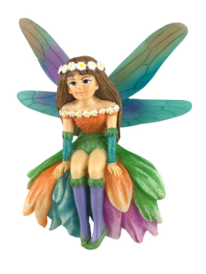 GlitZGlam Daisy miniature fairy for garden, vibrant colors and durable outdoor resin.