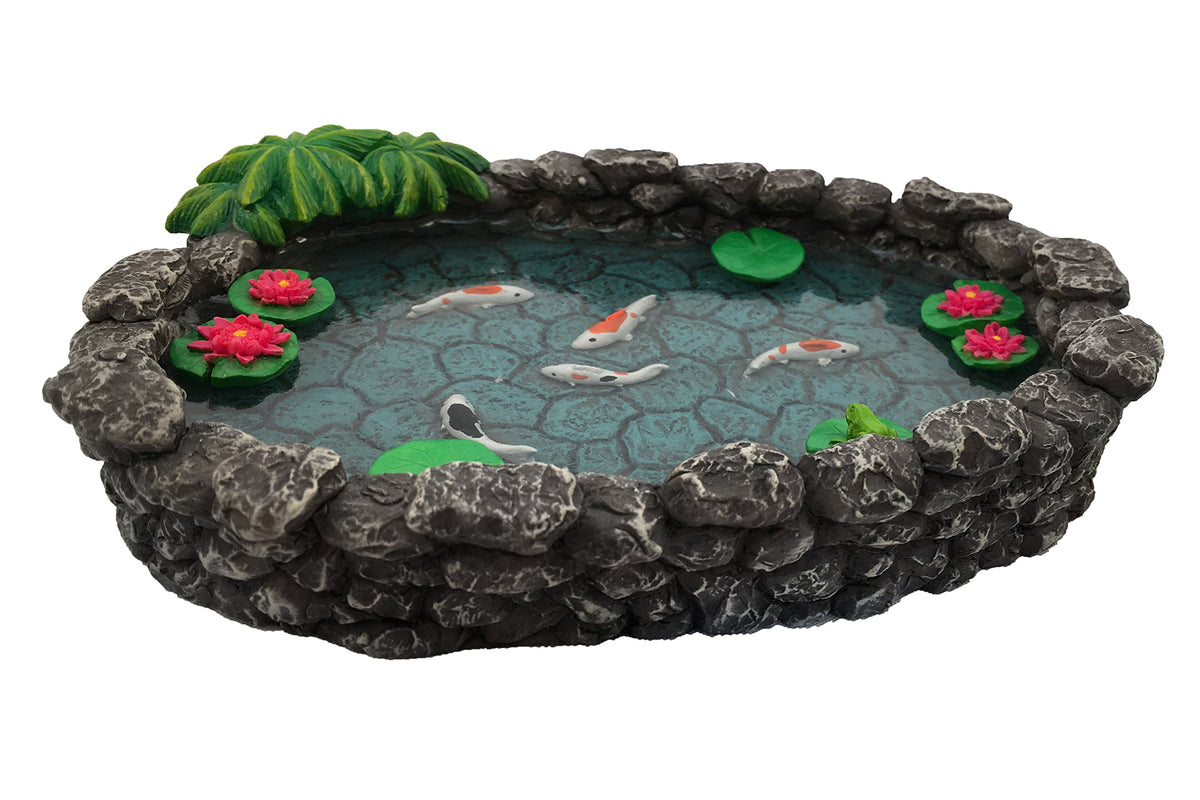GlitZGlam KOI miniature pond with lily pads, adds whimsy to any display.