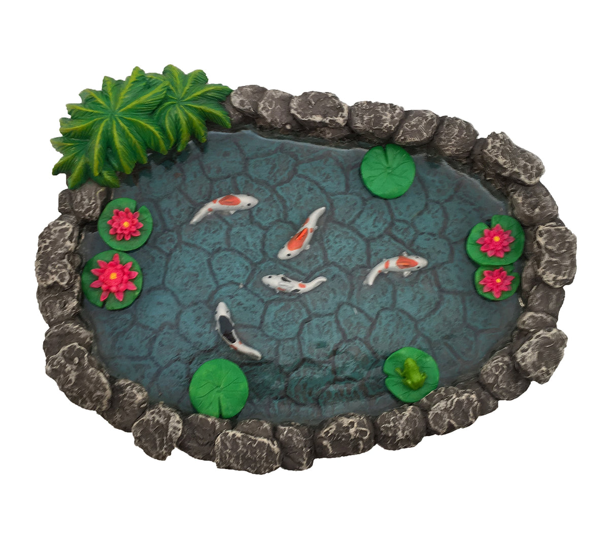 GlitZGlam KOI miniature pond with lotus flowers, ideal for decorative shelves or outdoor fairy gardens.