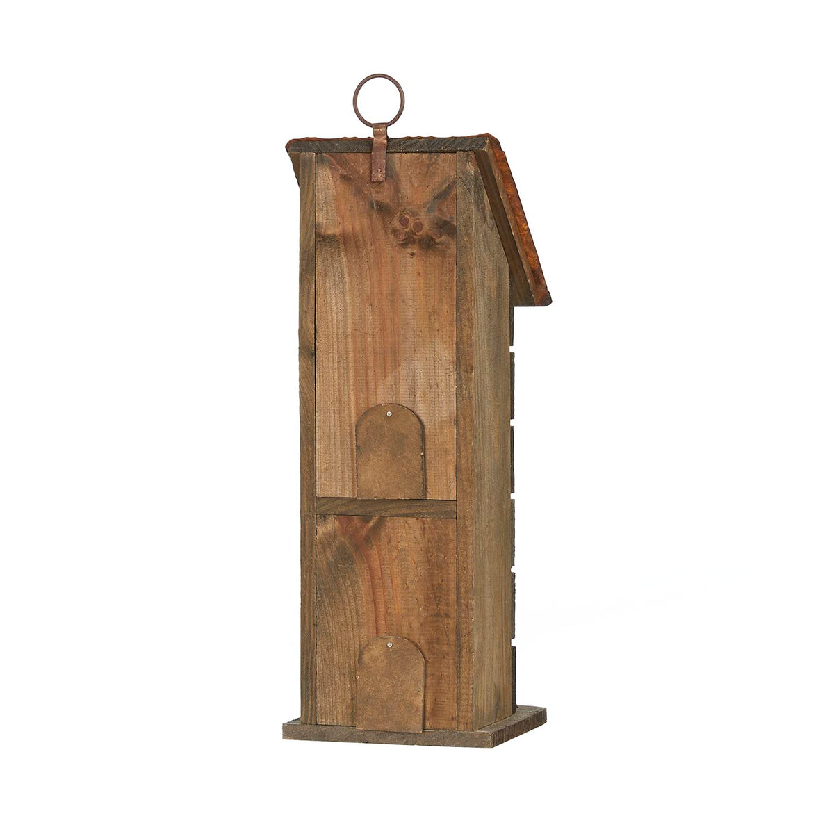 Glitzhome bird house features removable back cleanout panel for easy maintenance.