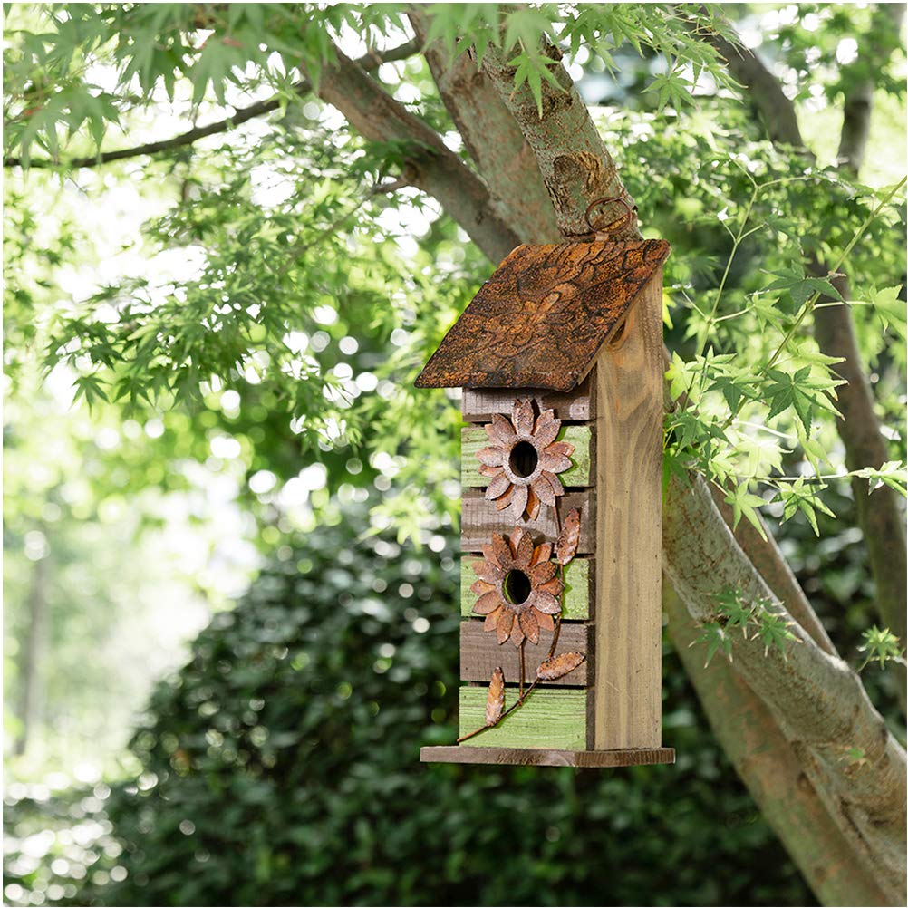 Glitzhome bird house with flowers detail enhances yard aesthetics and habitat.