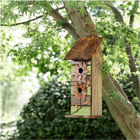 Glitzhome bird house with flowers detail enhances yard aesthetics and habitat.