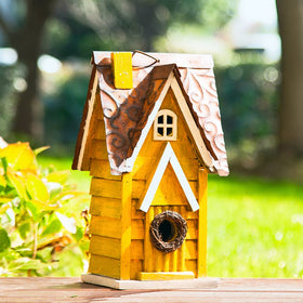 Glitzhome bird house with hanging ring, easy installation on tree or hook.