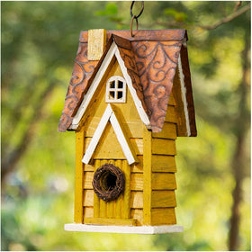 Glitzhome blue outdoor bird house, sturdy solid wood, ideal for nesting small songbirds.
