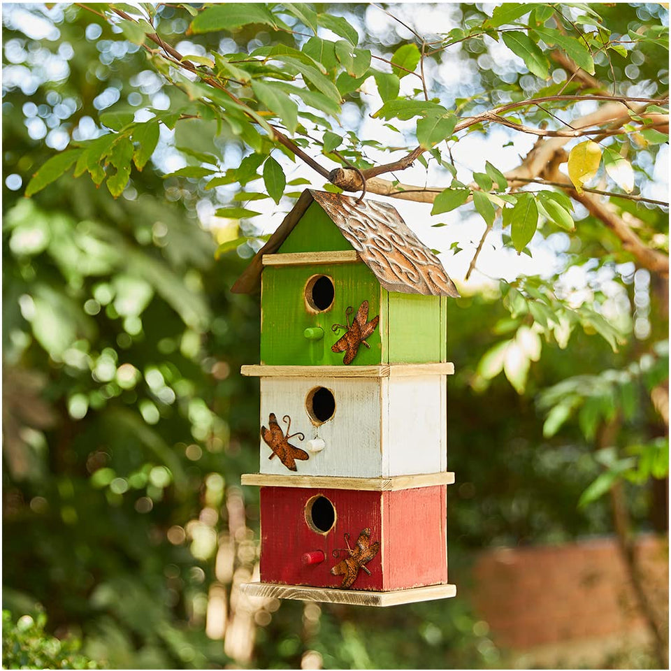 Glitzhome outdoor three-tier bird house adds multicolor charm to gardens.