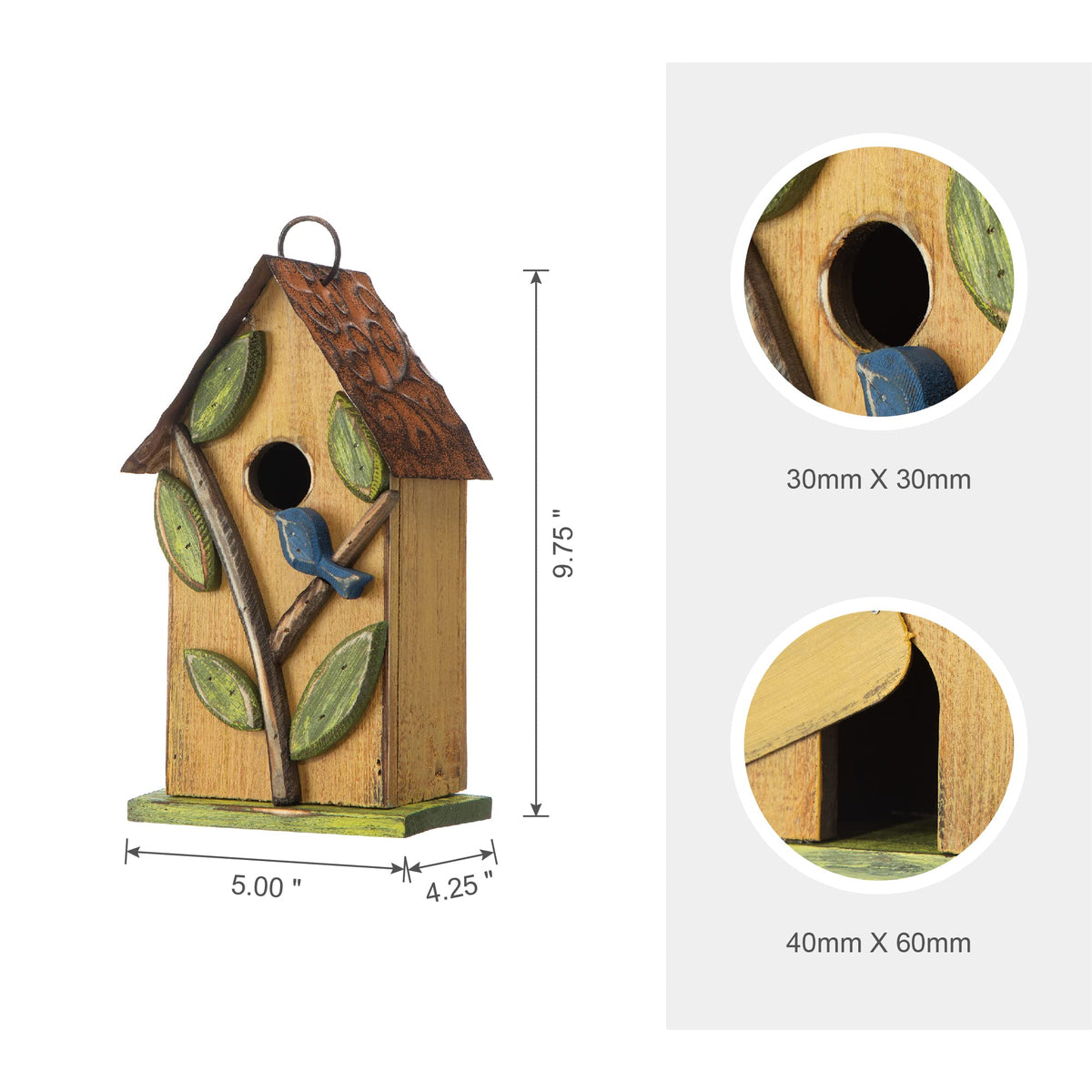 Glitzhome birdhouse back panel removable for easy cleaning.