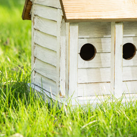 Glitzhome birdhouse in garden setting demonstrates outdoor nesting use.
