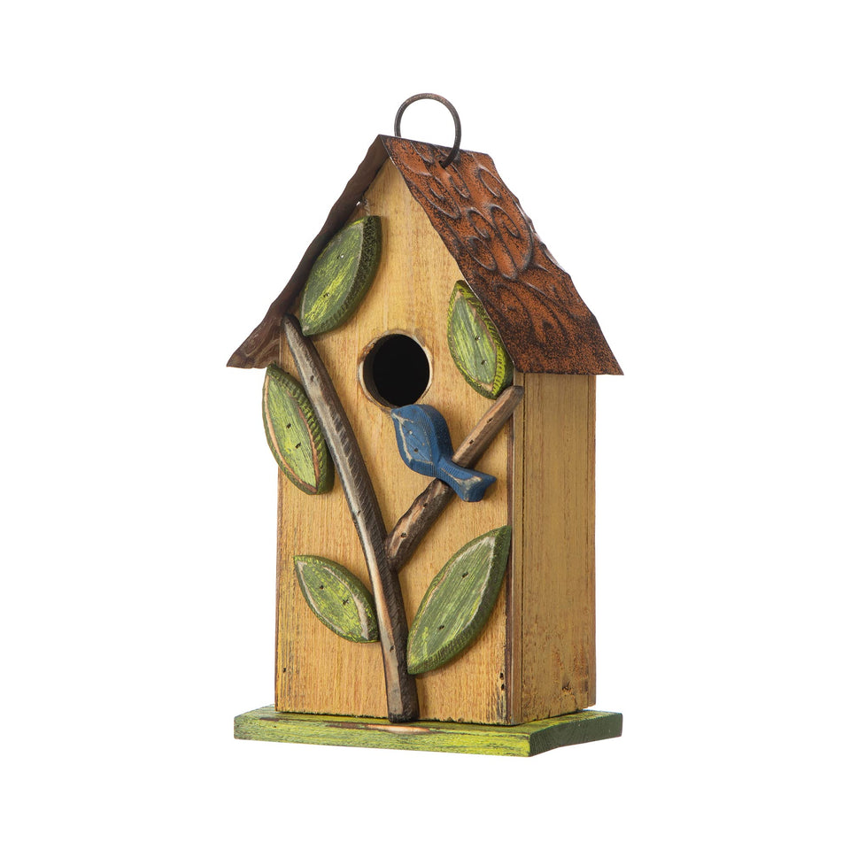 Glitzhome birdhouse outdoors hanging in distressed yellow invites wrens and chickadees.