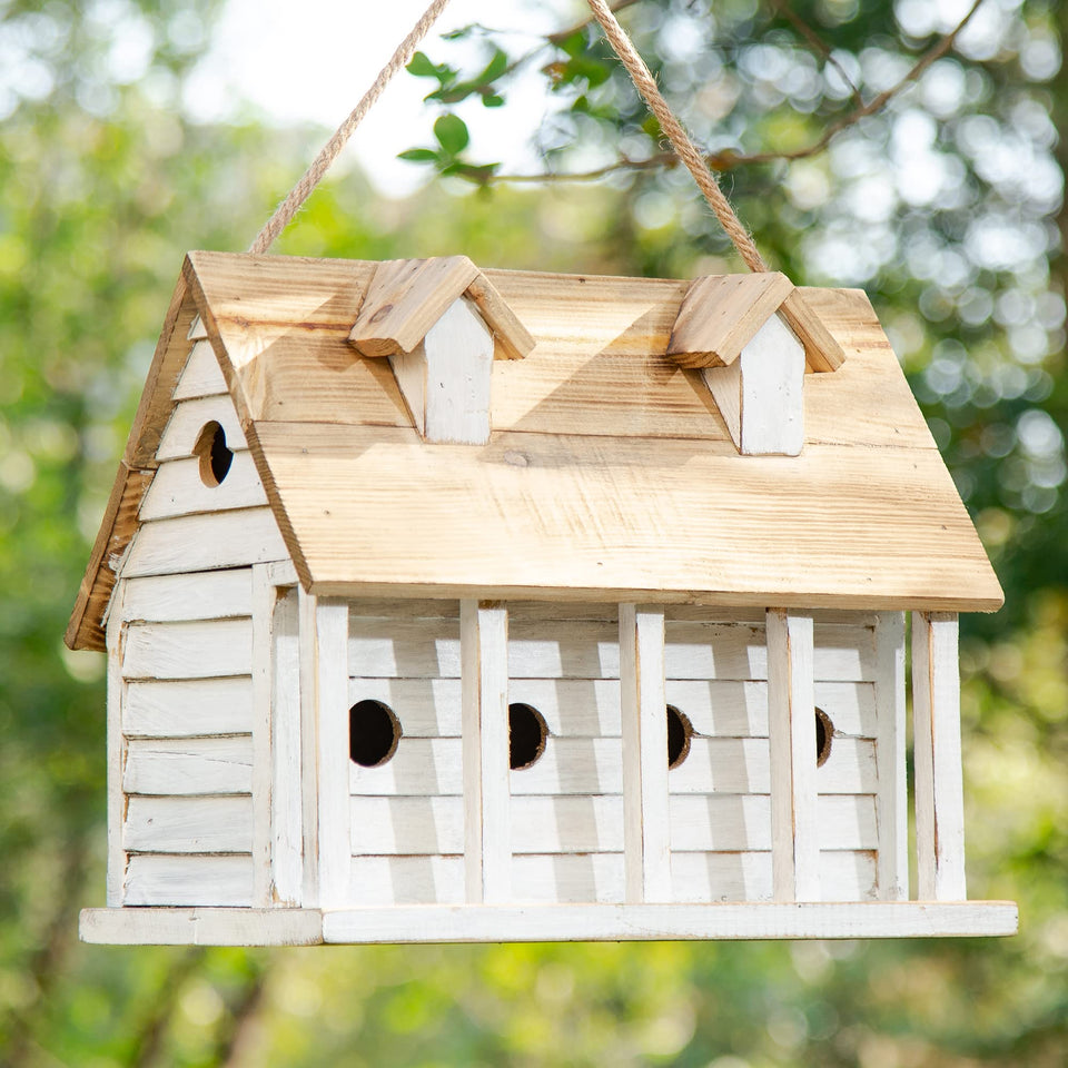 Glitzhome birdhouse front view in washed white, oversized cottage style for small garden birds.