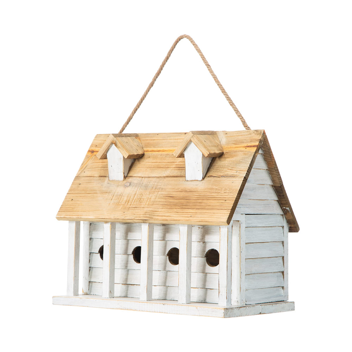 Glitzhome birdhouse side view in washed white adds rustic garden charm.
