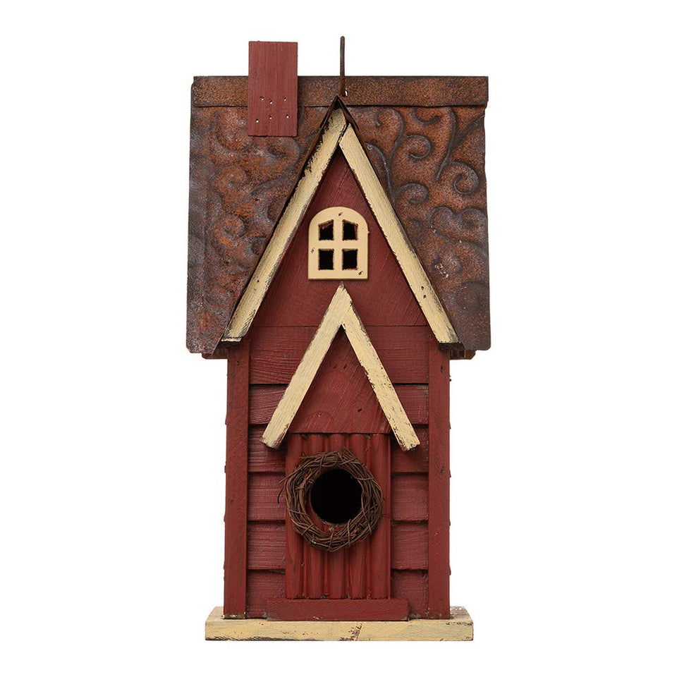 Glitzhome distressed red cottage bird house front view adds rustic outdoor charm.