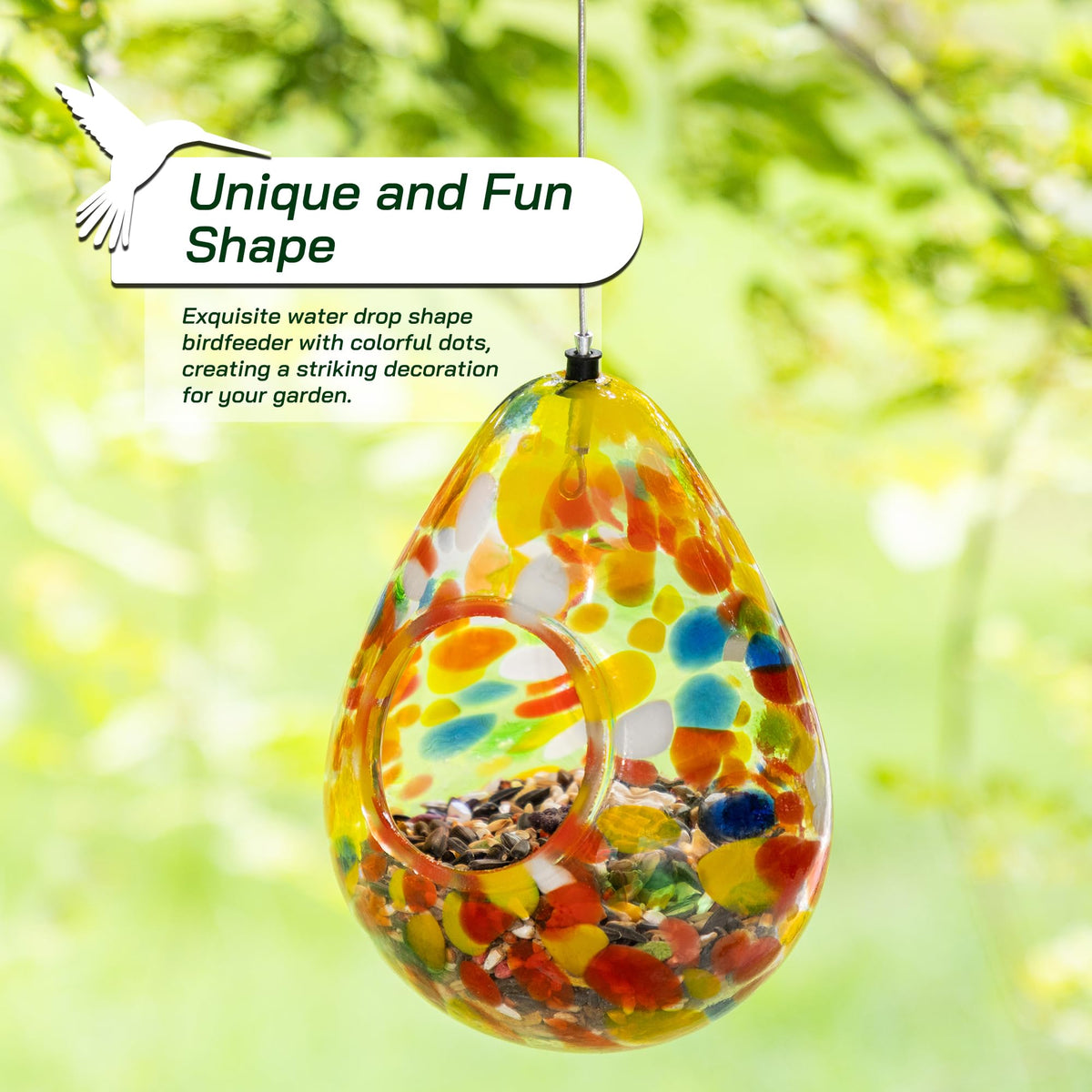 Glitzhome fly-through opening invites birds to feed with minimal disturbance.