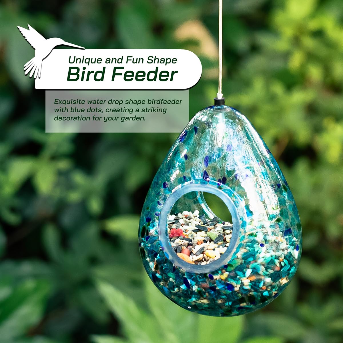 Glitzhome glass bird feeder with blue dots adds vibrant decor and invites visitors.