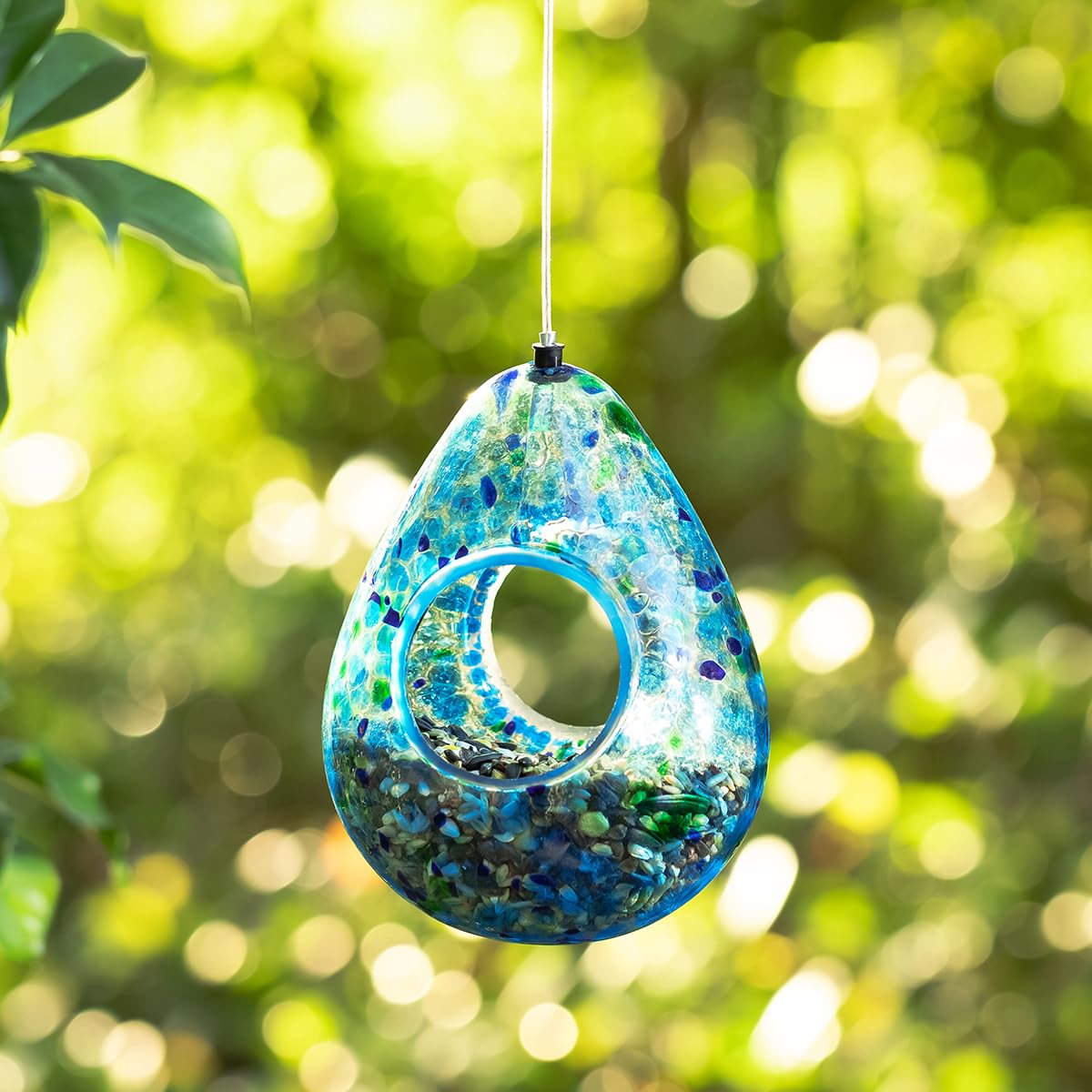 Glitzhome glass bird feeder water-drop shape attracts songbirds to your garden.