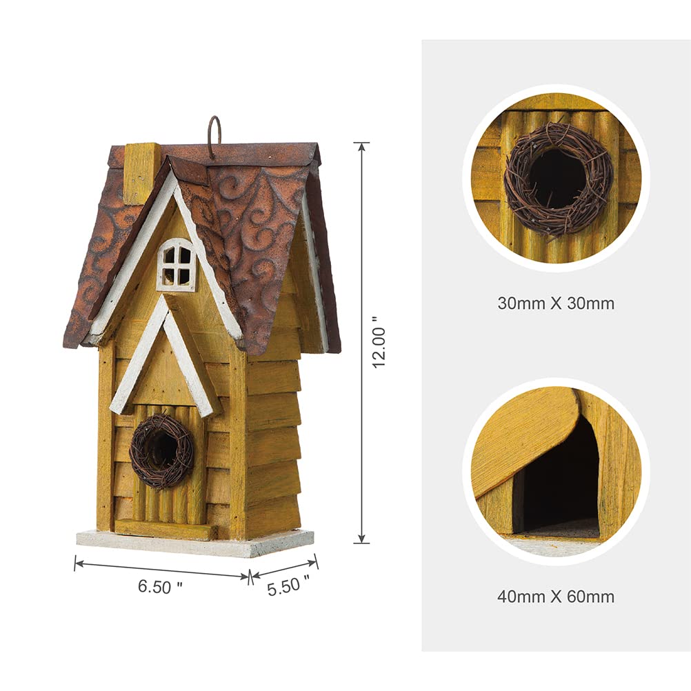 Glitzhome natural wood handmade bird house with rustic detailing for outdoors.
