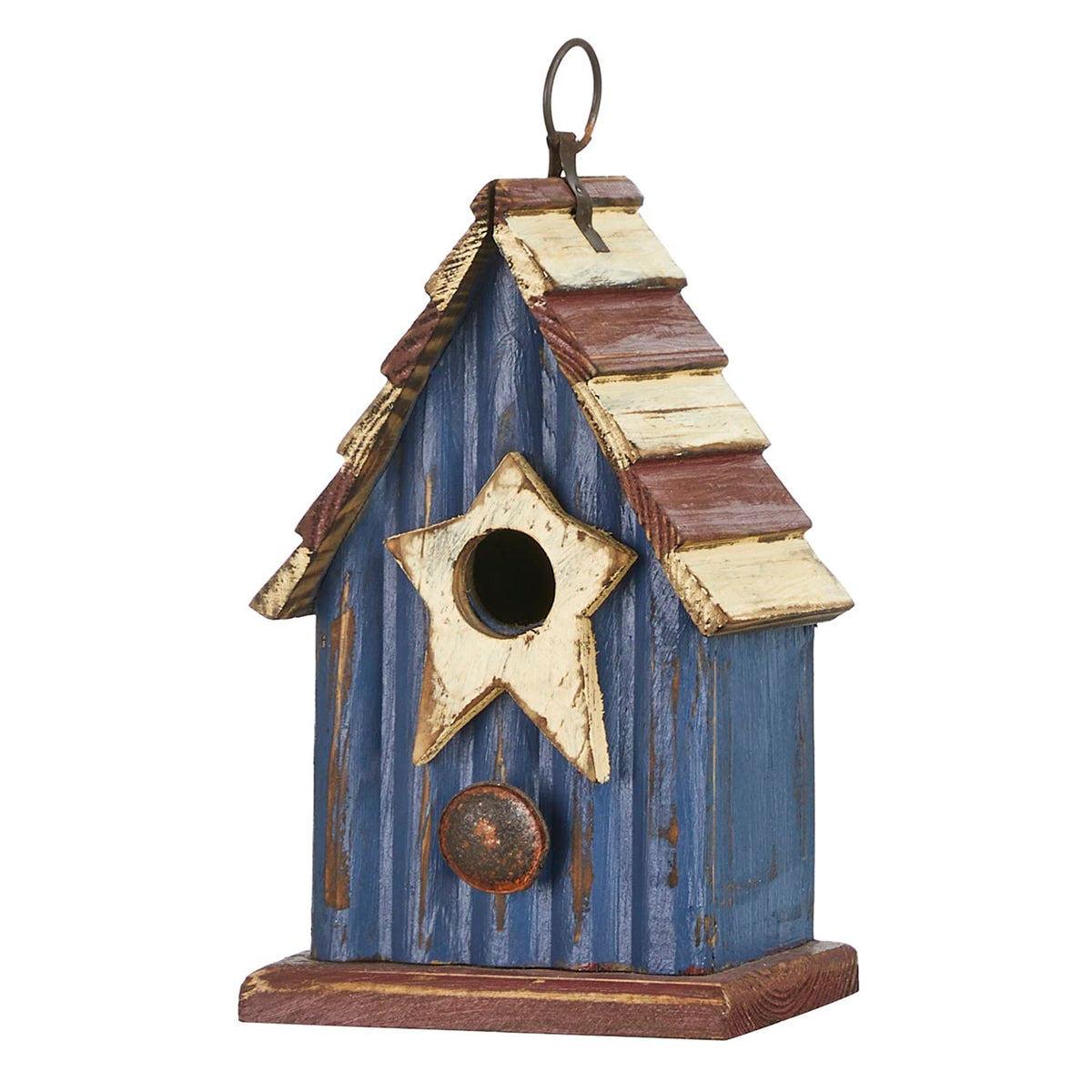Glitzhome patriotic wooden bird house hanging shows festive garden charm.