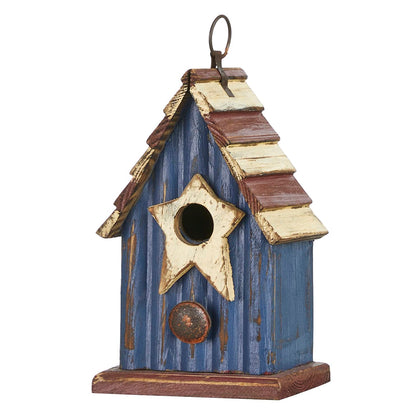 Glitzhome patriotic wooden bird house hanging shows festive garden charm.