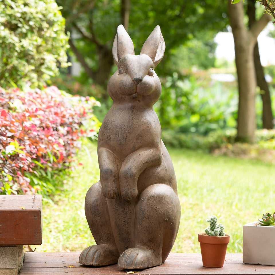 Glitzhome rabbit garden statue standing bunny in bronze finish for outdoor elegance.
