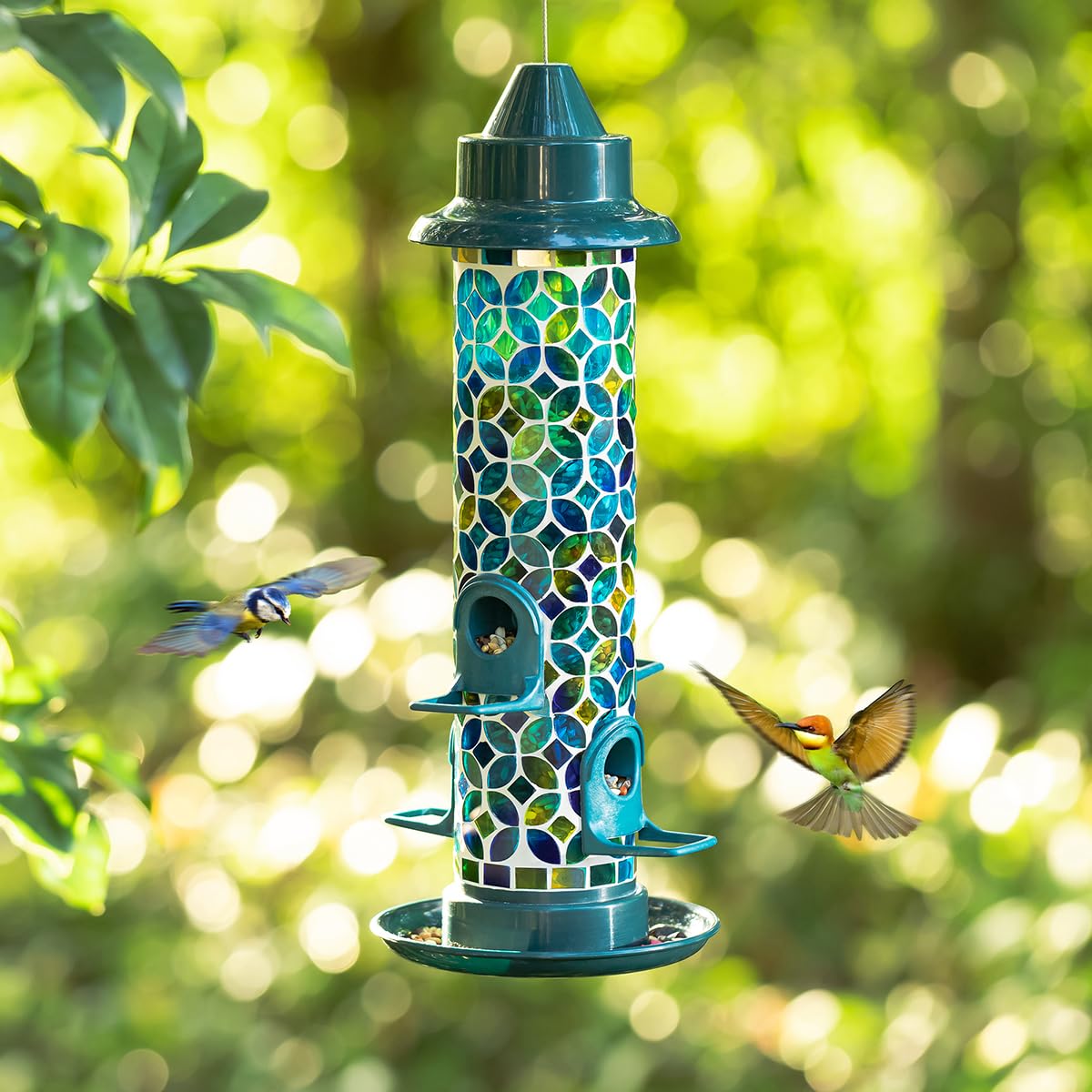 Glitzhome wild bird feeder 20-inch hanging mosaic detail catching sunlight to attract songbirds.