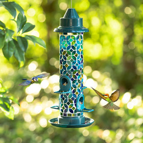 Glitzhome wild bird feeder 20-inch hanging mosaic detail catching sunlight to attract songbirds.