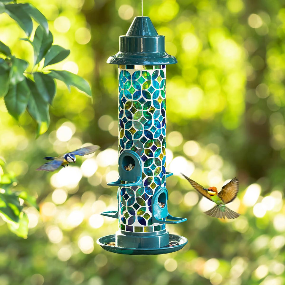 Glitzhome wild bird feeder 20-inch hanging mosaic detail catching sunlight to attract songbirds.