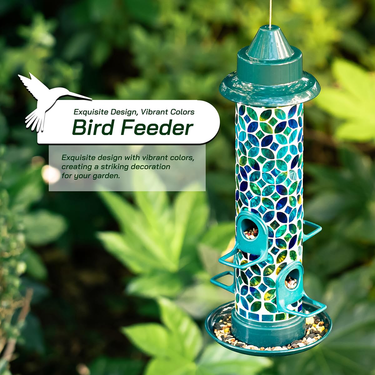 Glitzhome wild bird feeder blue green mosaic reflecting color to attract diverse birds.