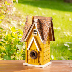 Glitzhome yellow distressed cottage bird house adds vintage garden charm.