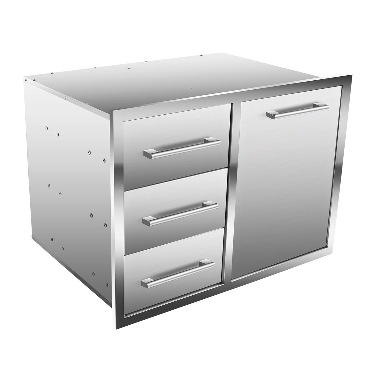 Globamboo outdoor kitchen drawer left-front with triple stainless steel drawers for organized BBQ storage.