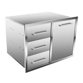 Globamboo outdoor kitchen drawer left-front with triple stainless steel drawers for organized BBQ storage.