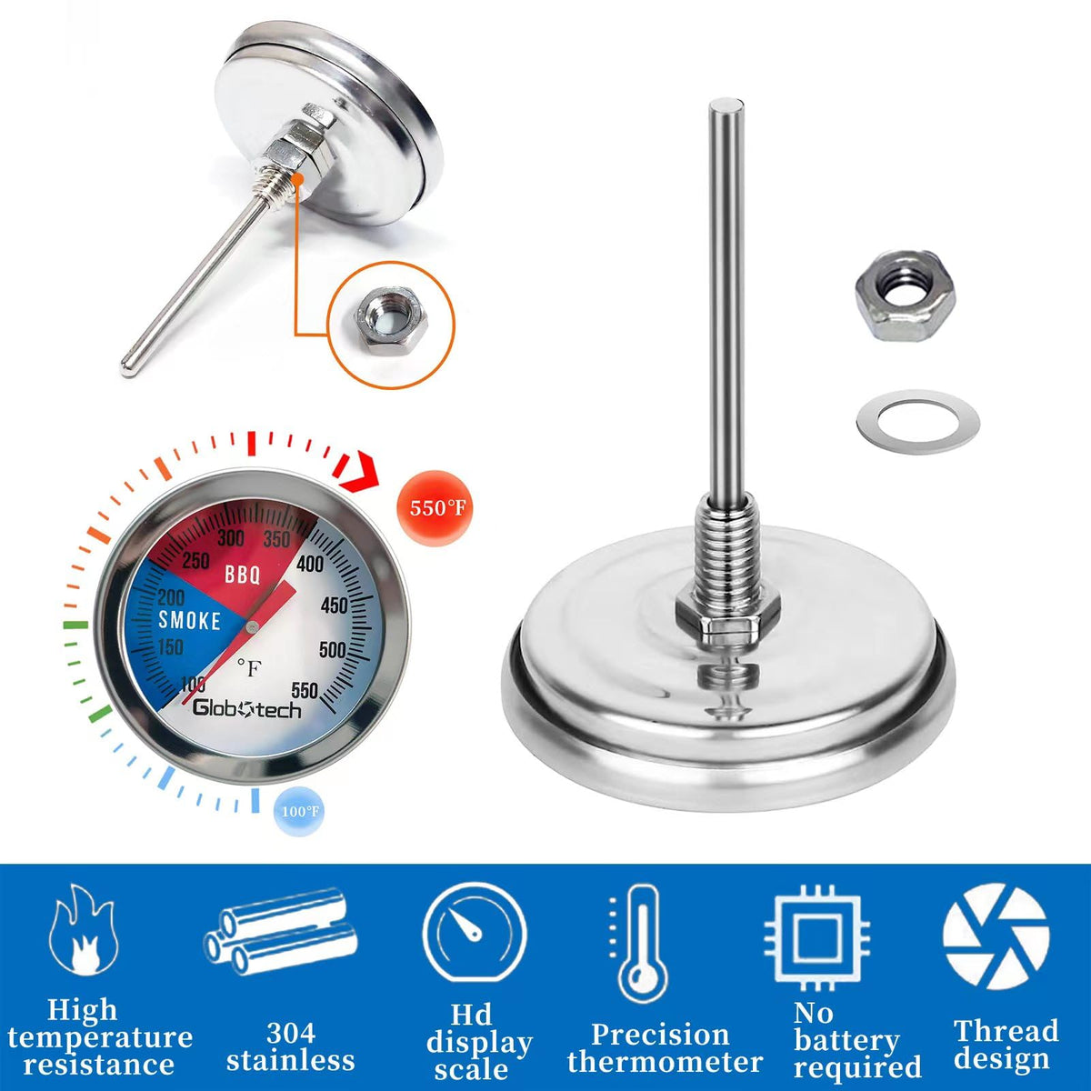 GLOBOTECH large analog dial display offers at-a-glance temperature readings.