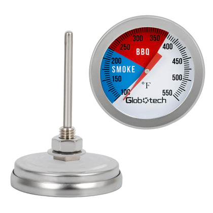 GLOBOTECH stainless steel BBQ thermometer with 2in dial for precise grill monitoring.