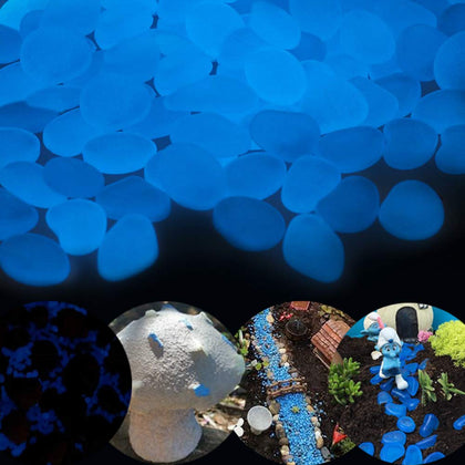 GLOCARNIVAL blue glow pebbles illuminating outdoor decor along a garden path at night