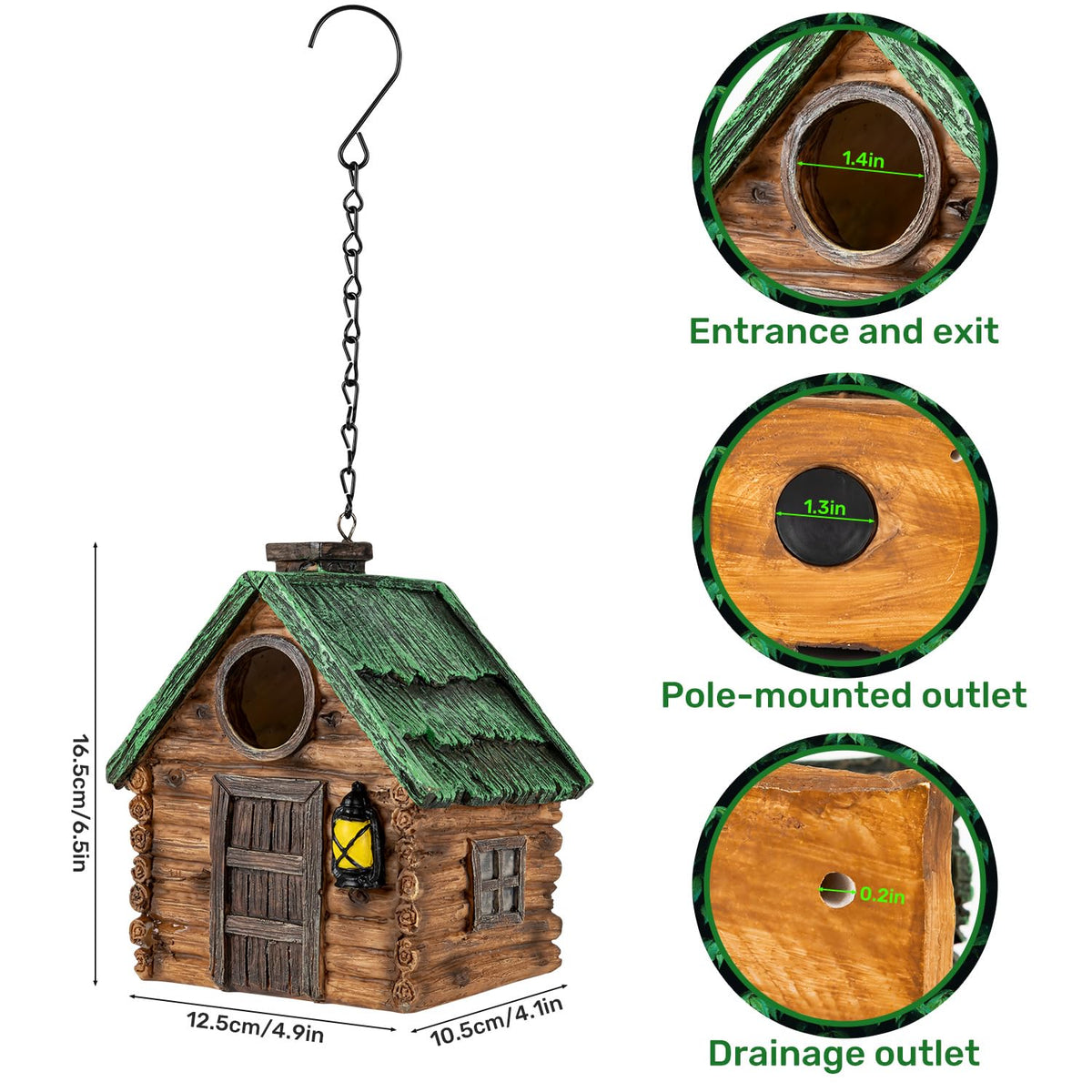 GLOPHOK Bird House entrance hole, 1.5-inch opening supports wrens and finches.