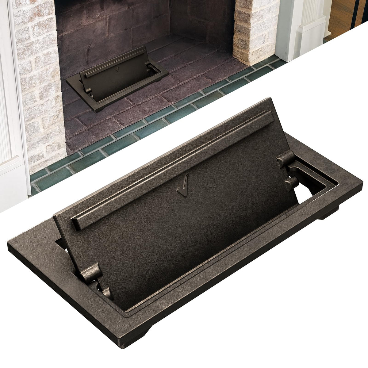 Glosaie cast iron ash dump door close-up shows durable hinge for easy cleanup.