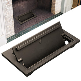 Glosaie cast iron ash dump door close-up shows durable hinge for easy cleanup.