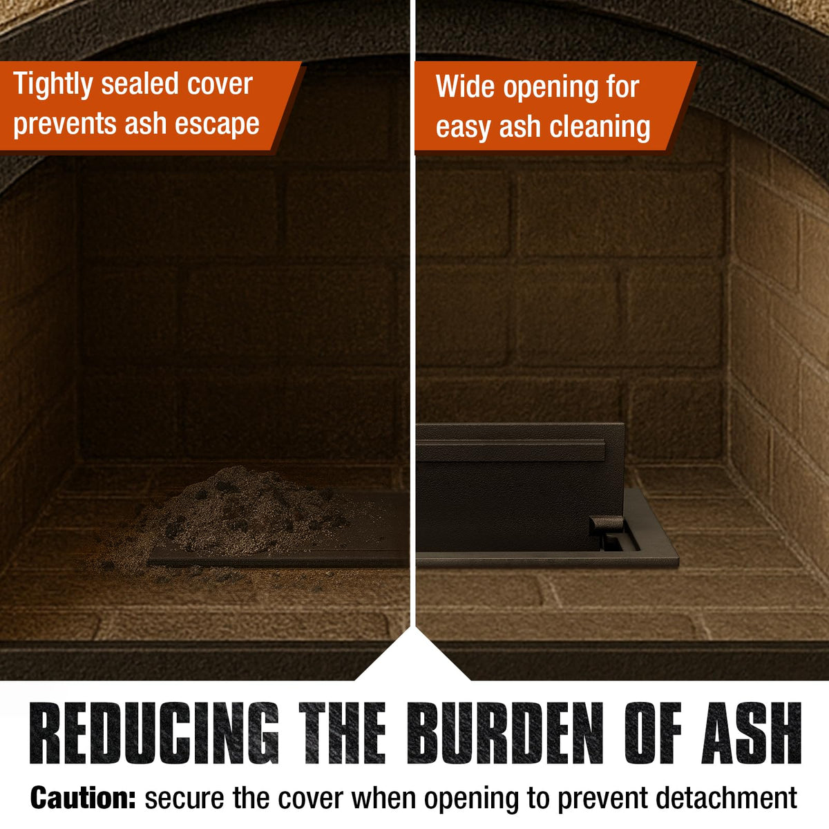 Glosaie ash dump door open demonstrates easy ash release and clean surroundings.