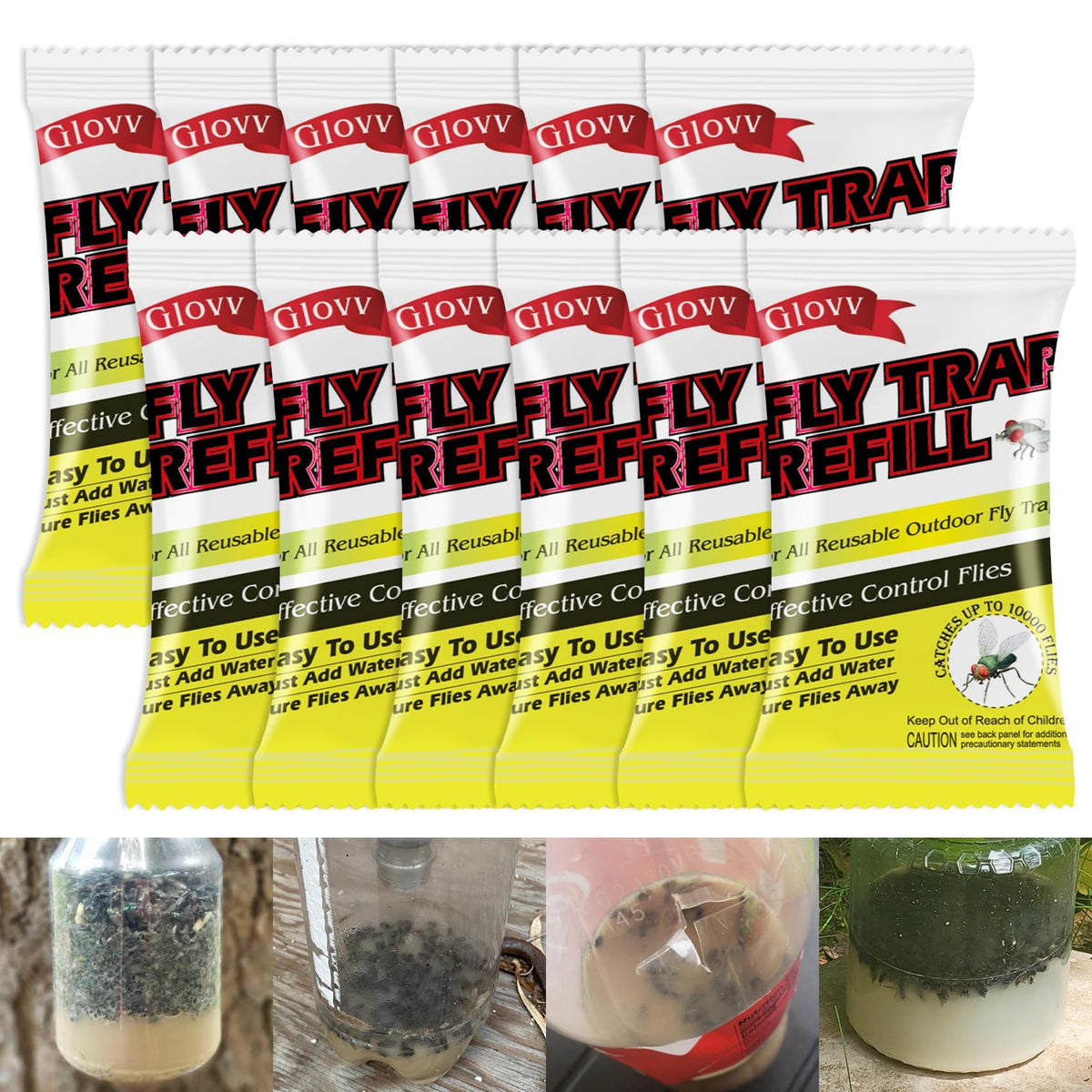 Glovv 12-pack fly bait refills ready for outdoor use
