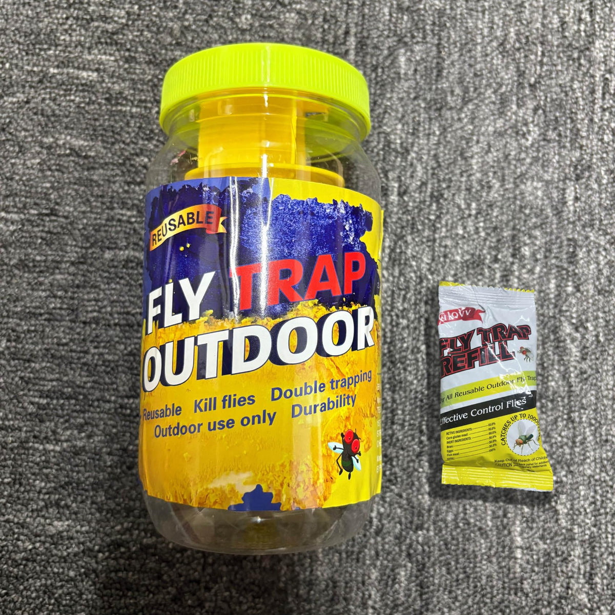 Glovv fly trap closeup shows a reusable bottle.