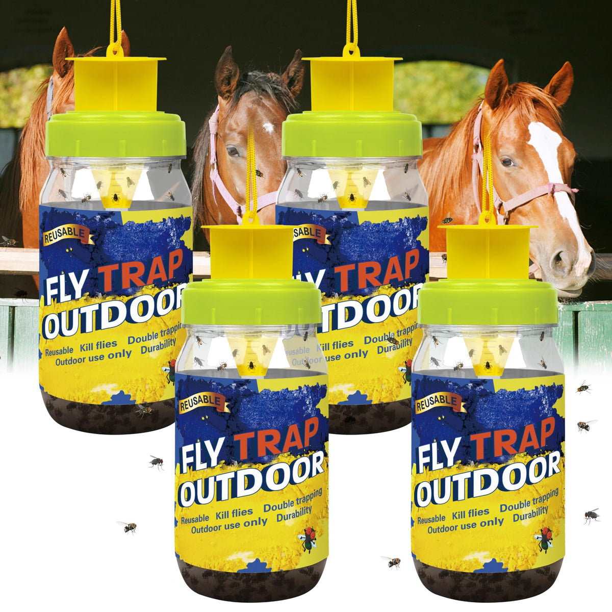 Glovv outdoor fly trap hanging shows yellow lure to reduce patio flies.